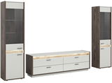 Wohnkombination bestehend aus zwei hohen Vitrinen und einem niedrigen TV-Schrank in moderner Holz- und Weißoptik, frontal betrachtet.