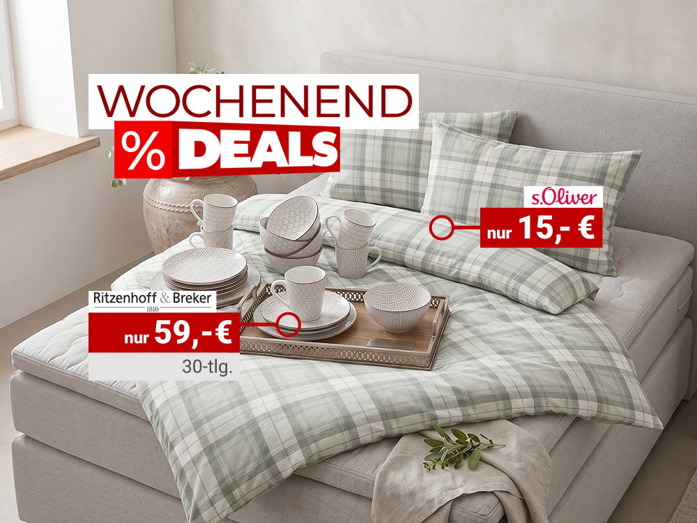 Wochenend-Deals: Karierte s.Oliver-Bettwäsche für 15 € und 30-teiliges Ritzenhoff & Breker Geschirr für 59 €.