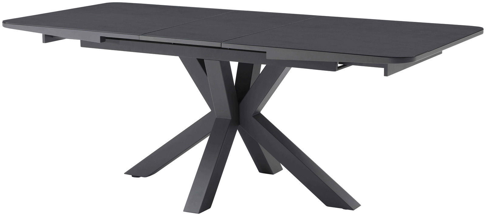 Moderner Esstisch mit schwarzer Tischplatte und X-förmigem Gestell, seitliche Perspektive