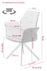 Seitenansicht eines modernen Armlehnstuhls mit Stoffbezug und Metallbeinen, Maße sind circa 92 cm hoch, 64 cm tief und 65 cm breit.