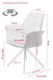 Seitenansicht eines modernen Armlehnstuhls mit Stoffbezug und Metallbeinen, Maße sind circa 92 cm hoch, 64 cm tief und 65 cm breit.