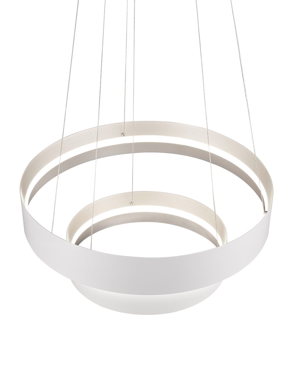 Moderne weiße Pendelleuchte LOOP mit kreisförmigem Design, seitliche Perspektive