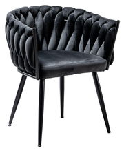 Schwarzer Sessel mit gepolsterter Rückenlehne und Metallbeinen, seitliche Perspektive