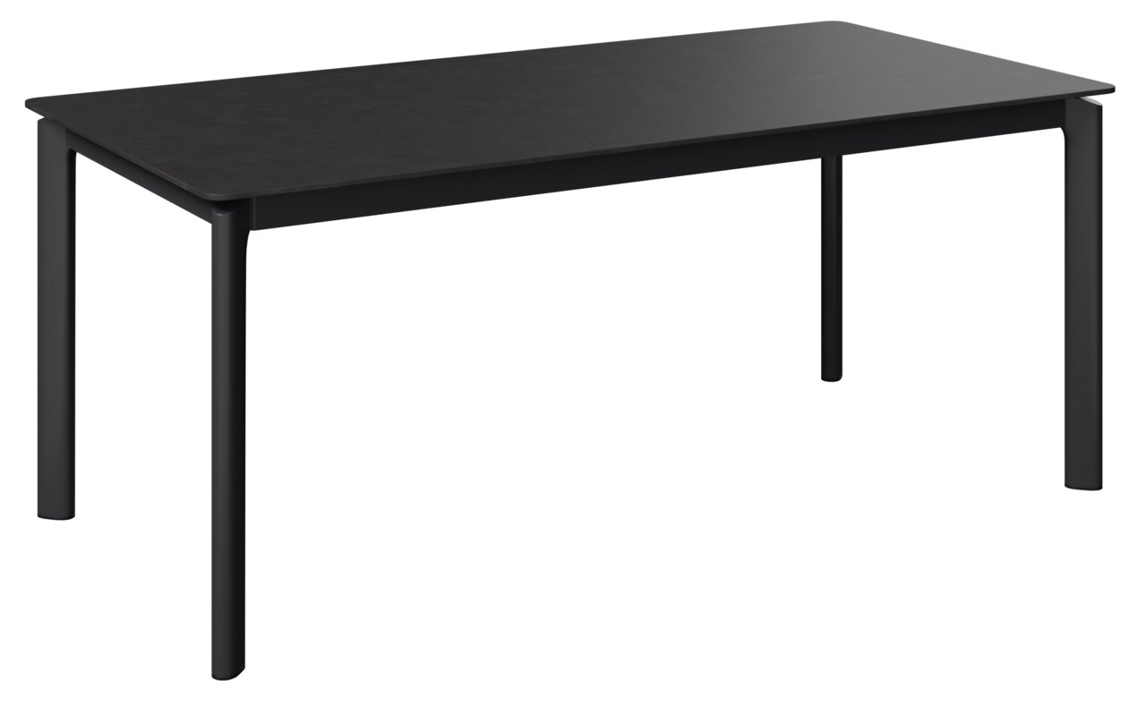 Moderner schwarzer Gartentisch aus Metall, seitliche Perspektive