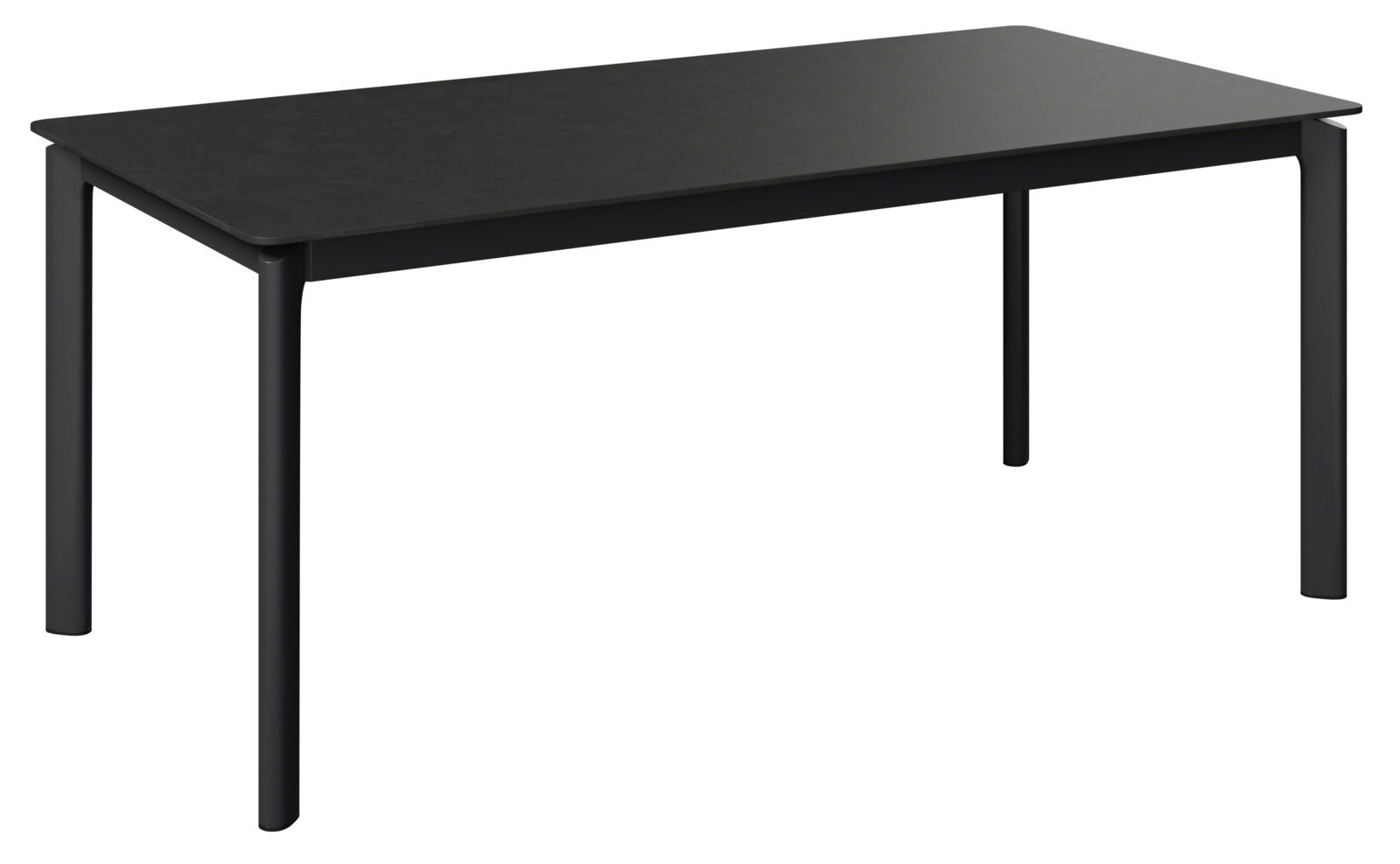 Moderner schwarzer Gartentisch aus Metall, seitliche Perspektive