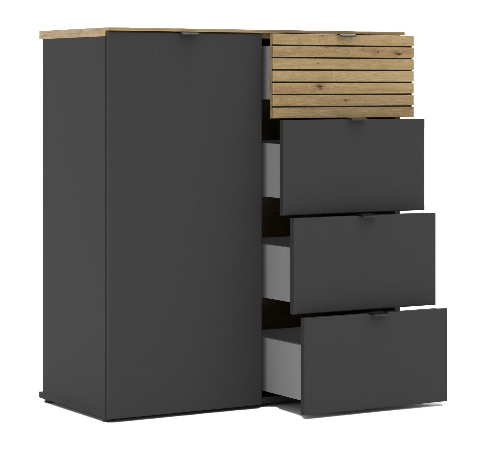 Moderne Kommode mit schwarzem Korpus und Holzdetails, teilweise geöffnete Schubladen, seitliche Perspektive
