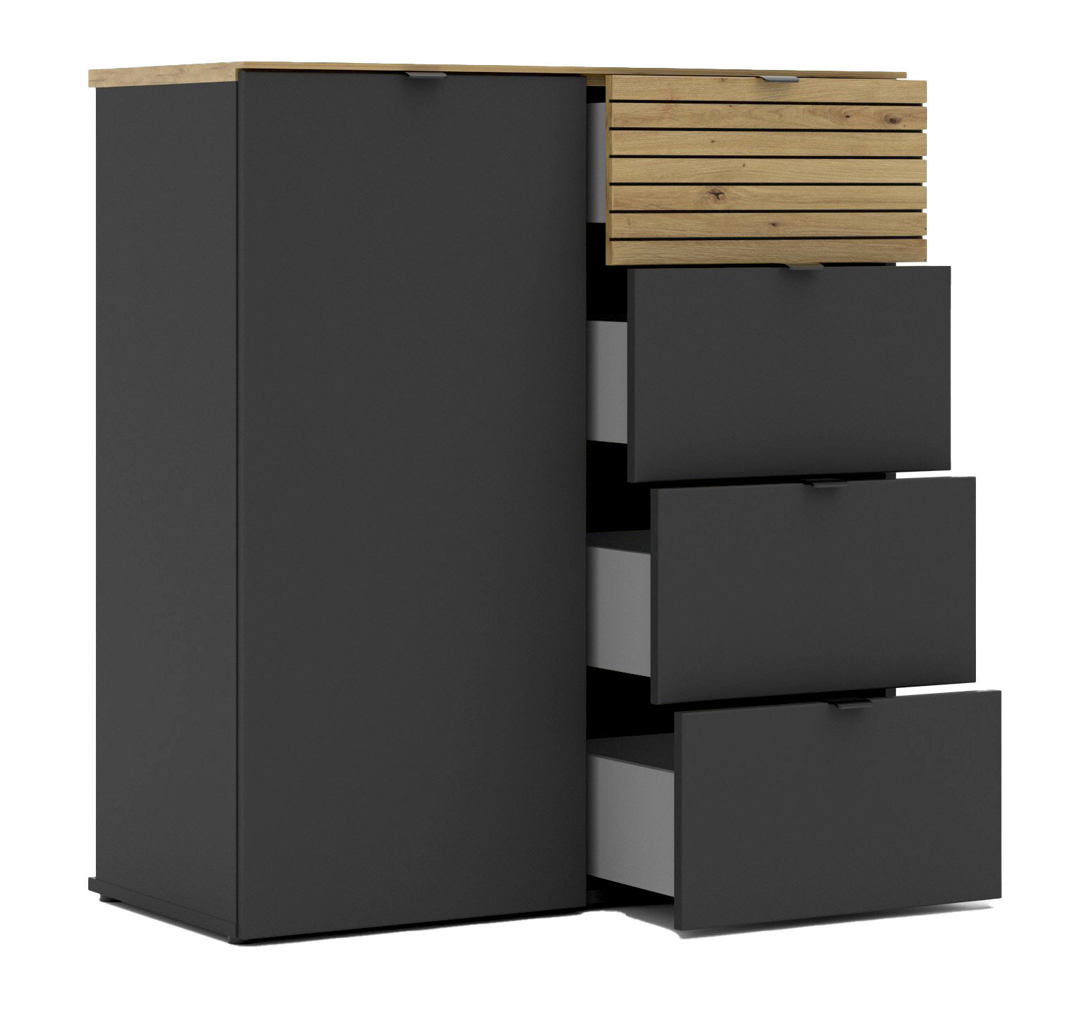 Moderne Kommode mit schwarzem Korpus und Holzdetails, teilweise geöffnete Schubladen, seitliche Perspektive