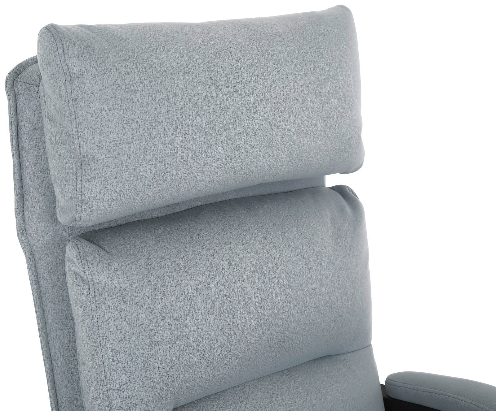 Nahaufnahme eines grauen Chefsessels mit gepolsterter Rückenlehne und Kopfstütze, seitliche Perspektive