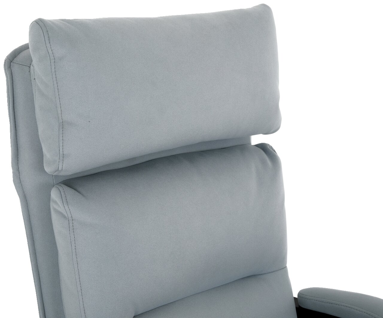 Nahaufnahme eines grauen Chefsessels mit gepolsterter Rückenlehne und Kopfstütze, seitliche Perspektive