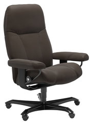 Brauner Chefsessel aus Leder mit Armlehnen und Rollen, seitliche Perspektive