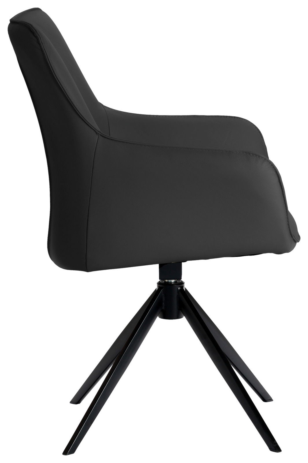 Schwarzer Armlehnstuhl aus seitlicher Perspektive mit modernem Design und vier Metallbeinen.