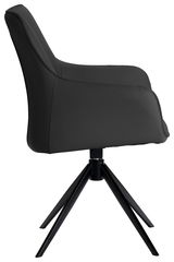 Schwarzer Armlehnstuhl aus seitlicher Perspektive mit modernem Design und vier Metallbeinen.