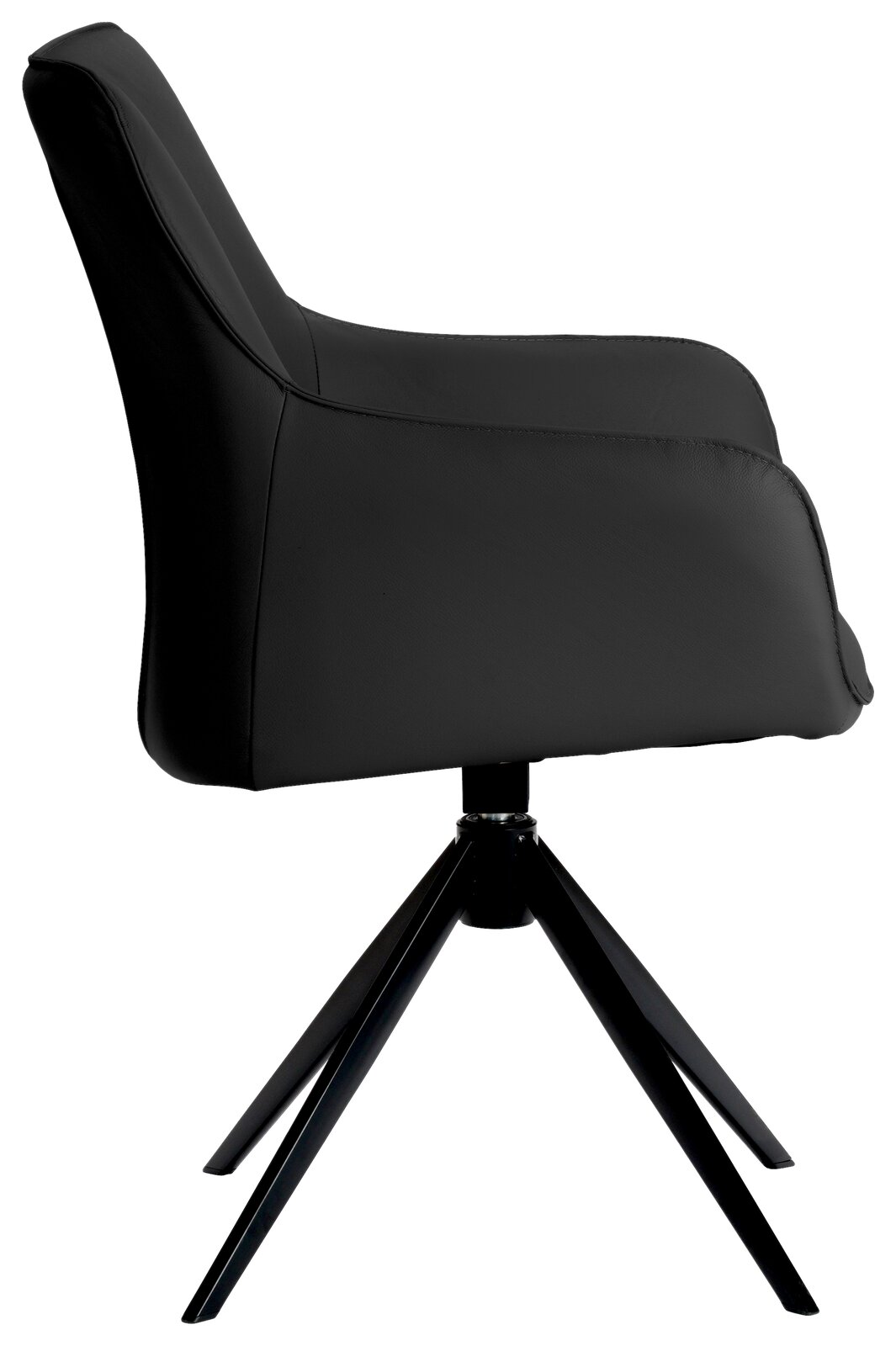 Novel Armlehnstuhl YUKI Schwarzer Armlehnstuhl aus seitlicher Perspektive mit modernem Design und vier Metallbeinen.