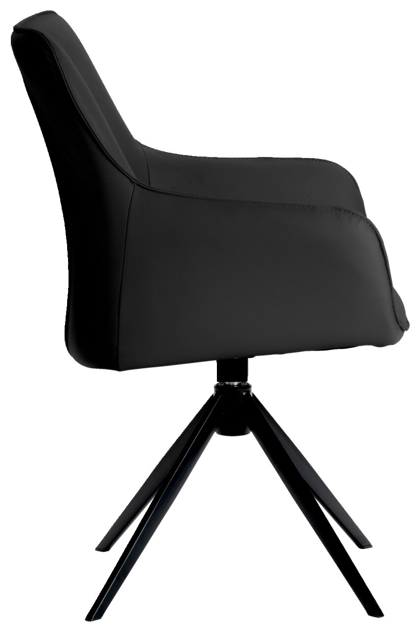 Schwarzer Armlehnstuhl aus seitlicher Perspektive mit modernem Design und vier Metallbeinen.