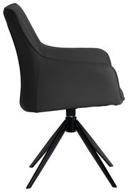 Schwarzer Armlehnstuhl aus seitlicher Perspektive mit modernem Design und vier Metallbeinen.