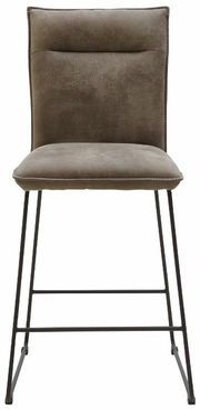 Frontansicht eines Tresenstuhls der Serie SCALA von Valnatura mit gepolstertem Sitz und Rückenlehne in braunem Stoff und schwarzem Metallgestell.