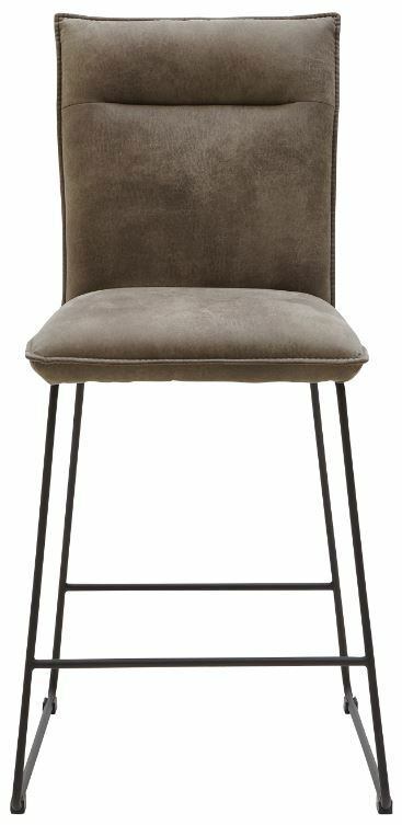 Frontansicht eines Tresenstuhls der Serie SCALA von Valnatura mit gepolstertem Sitz und Rückenlehne in braunem Stoff und schwarzem Metallgestell.