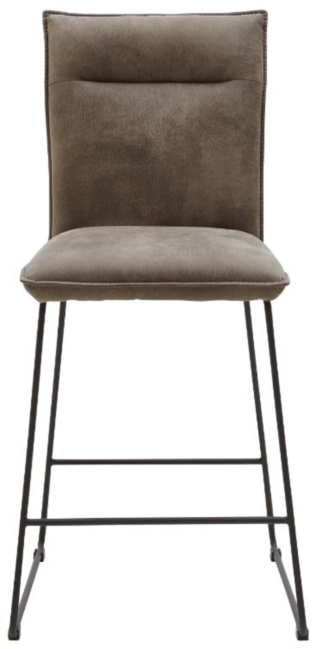 Frontansicht eines Tresenstuhls der Serie SCALA von Valnatura mit gepolstertem Sitz und Rückenlehne in braunem Stoff und schwarzem Metallgestell.