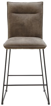 Frontansicht eines Tresenstuhls der Serie SCALA von Valnatura mit gepolstertem Sitz und Rückenlehne in braunem Stoff und schwarzem Metallgestell.