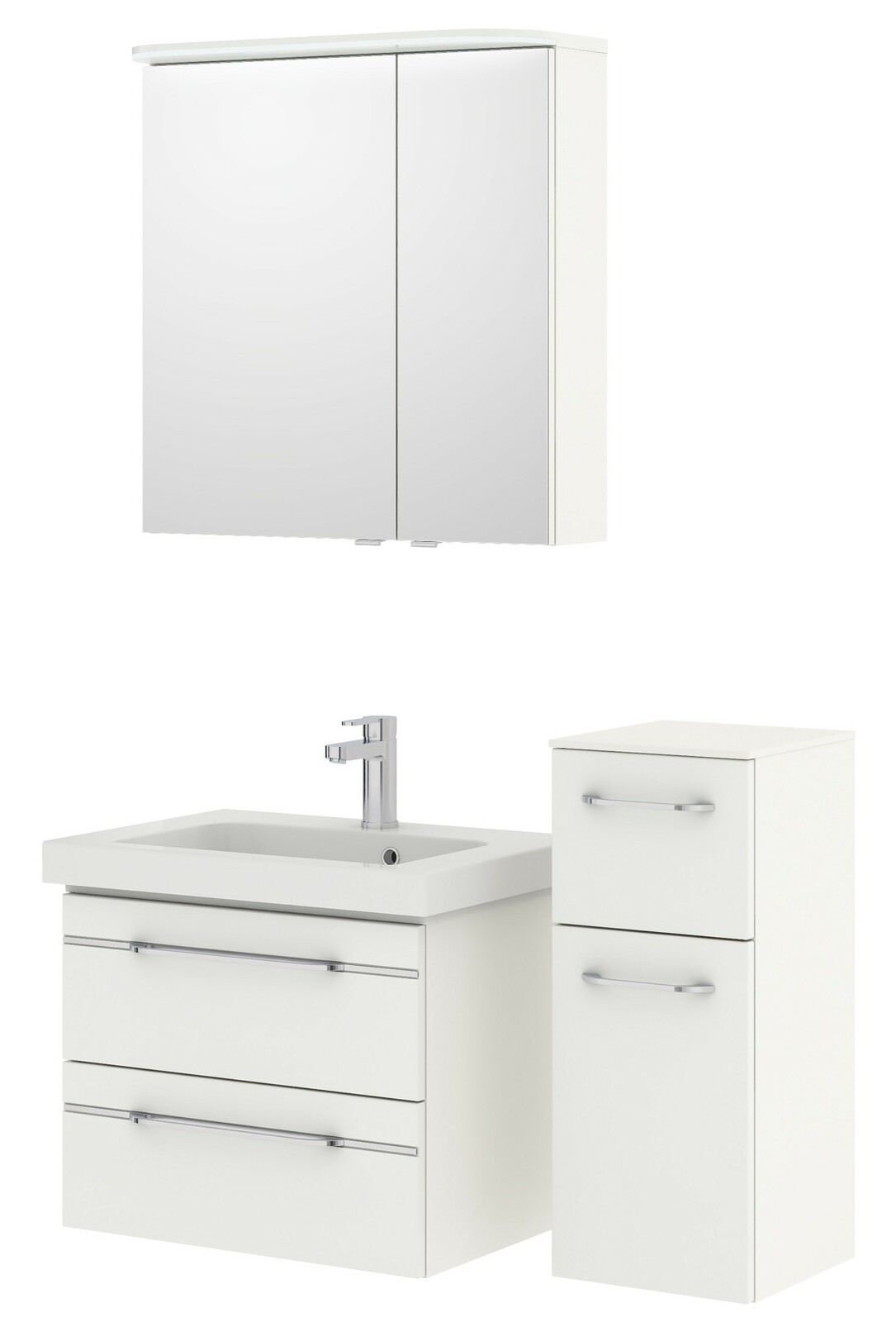 Pelipal Badblok BALTO SPRINT Badezimmermöbel-Set mit Spiegelschrank, Waschbeckenunterschrank und Seitenschrank in weißer Farbe, Frontalansicht