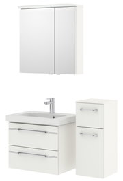 Badezimmermöbel-Set mit Spiegelschrank, Waschbeckenunterschrank und Seitenschrank in weißer Farbe, Frontalansicht