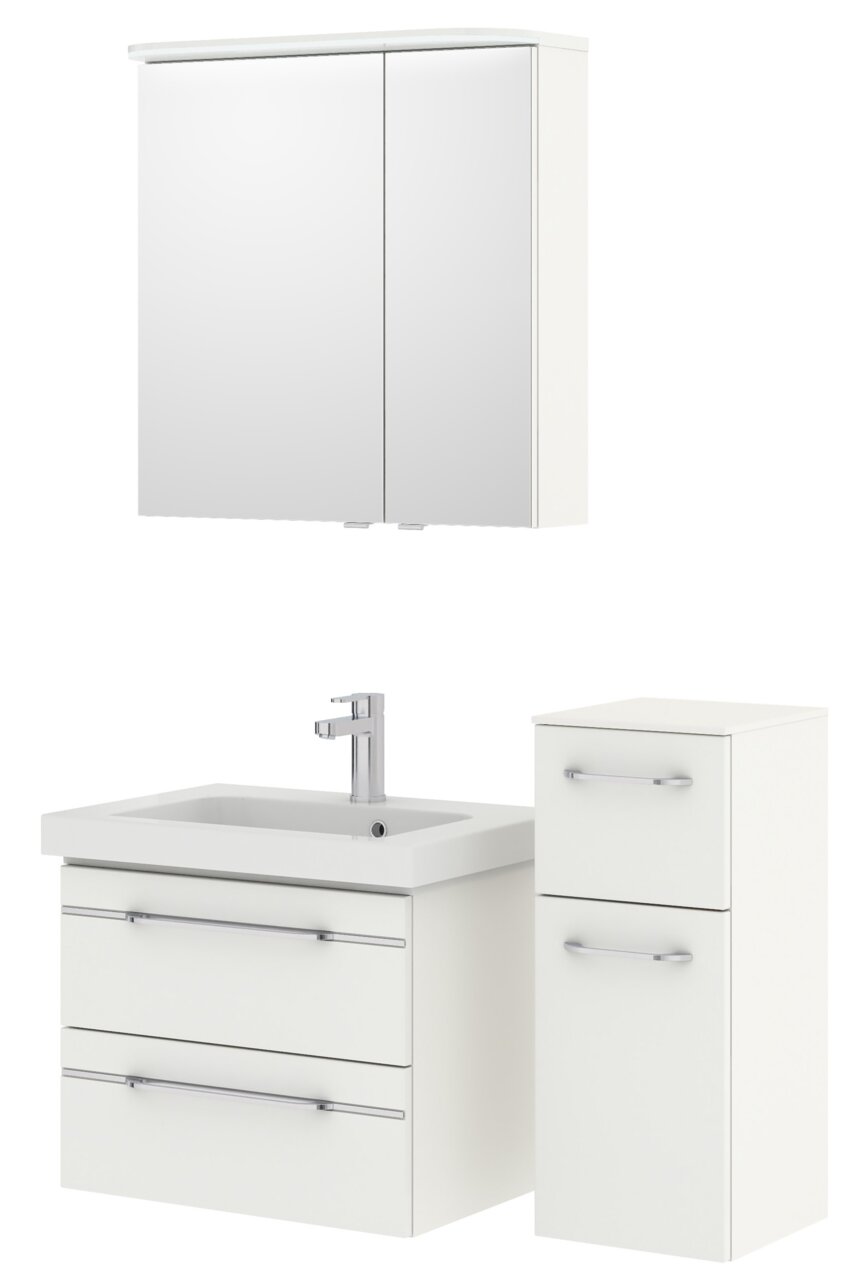 Badezimmermöbel-Set mit Spiegelschrank, Waschbeckenunterschrank und Seitenschrank in weißer Farbe, Frontalansicht