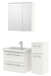 Badezimmermöbel-Set mit Spiegelschrank, Waschbeckenunterschrank und Seitenschrank in weißer Farbe, Frontalansicht