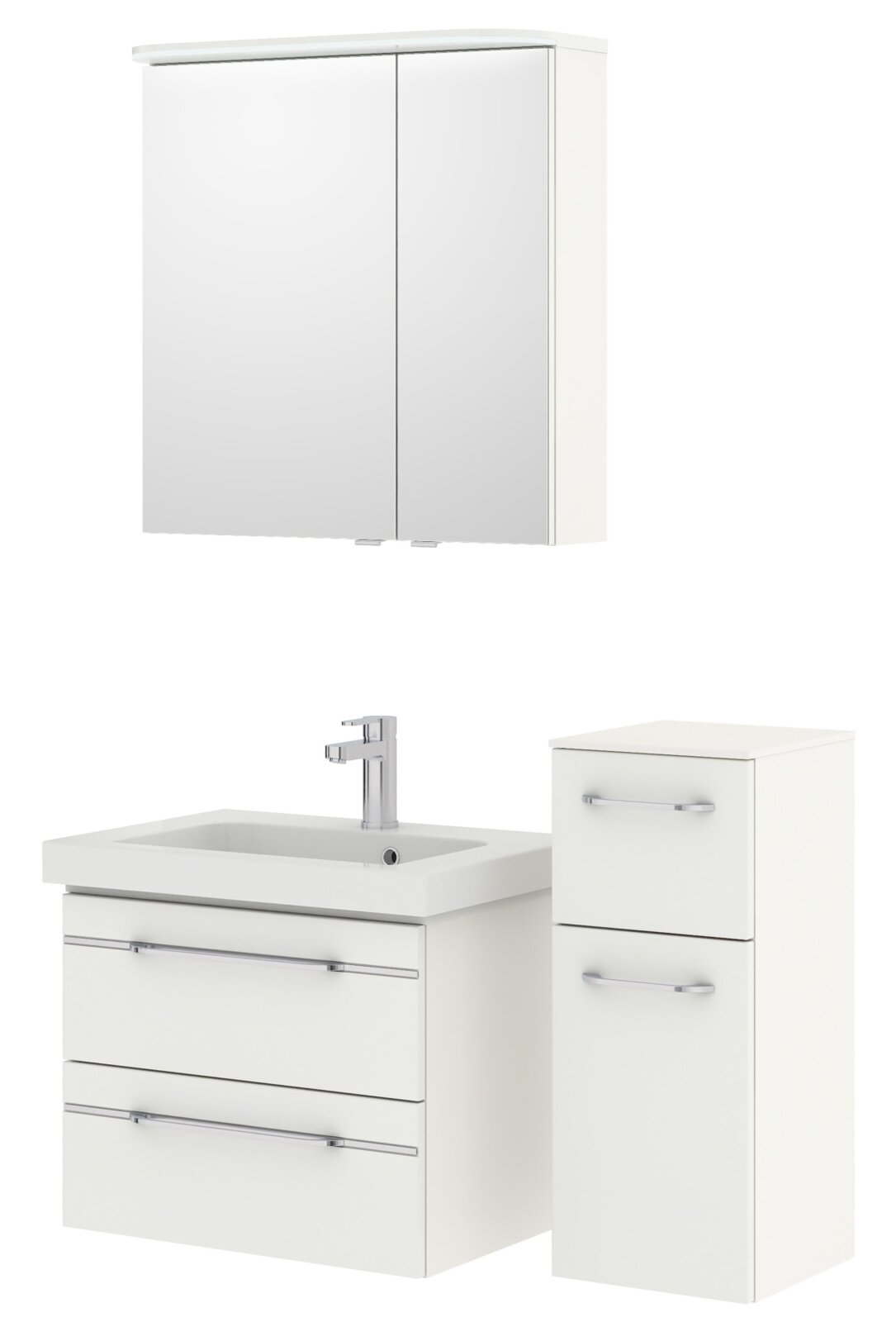 Badezimmermöbel-Set mit Spiegelschrank, Waschbeckenunterschrank und Seitenschrank in weißer Farbe, Frontalansicht