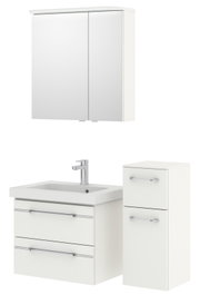 Badezimmermöbel-Set mit Spiegelschrank, Waschbeckenunterschrank und Seitenschrank in weißer Farbe, Frontalansicht