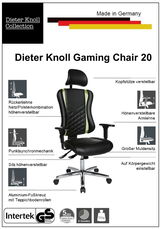 Gaming Stuhl mit verstellbarer Kopfstütze, höhenverstellbarer Rückenlehne und Armlehnen, großer Muldensitz, Aluminium-Fußkreuz mit Teppichbodenrollen, seitliche Perspektive