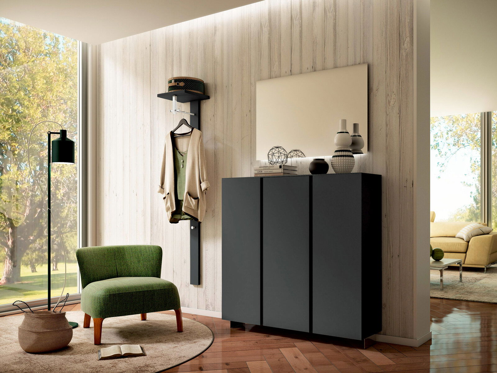 Moderner XL-Hängeschuhschrank mit drei Türen in einem stilvollen Wohnzimmer, seitliche Perspektive.