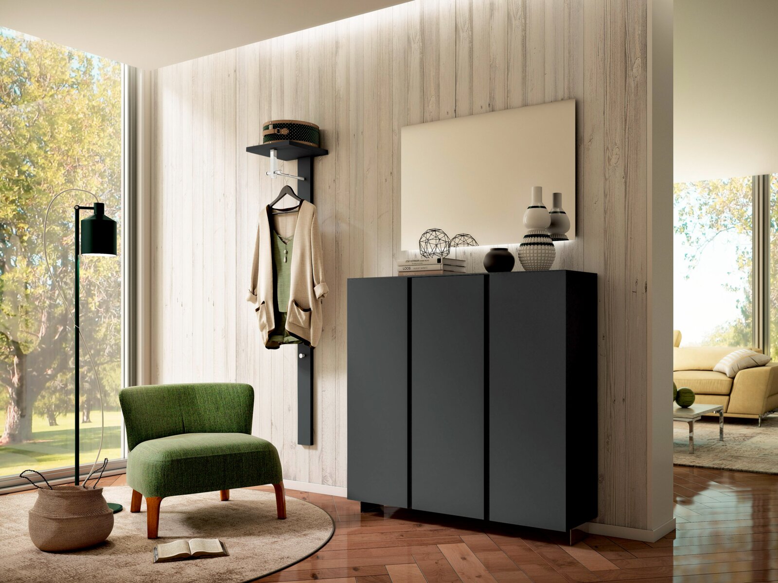 Moderano XL-Hängeschuhschrank LECCO Moderner XL-Hängeschuhschrank mit drei Türen in einem stilvollen Wohnzimmer, seitliche Perspektive.