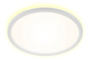 Ronde witte LED plafondlamp met vlak design, gezien van onderaf in lichte hoek, op witte achtergrond