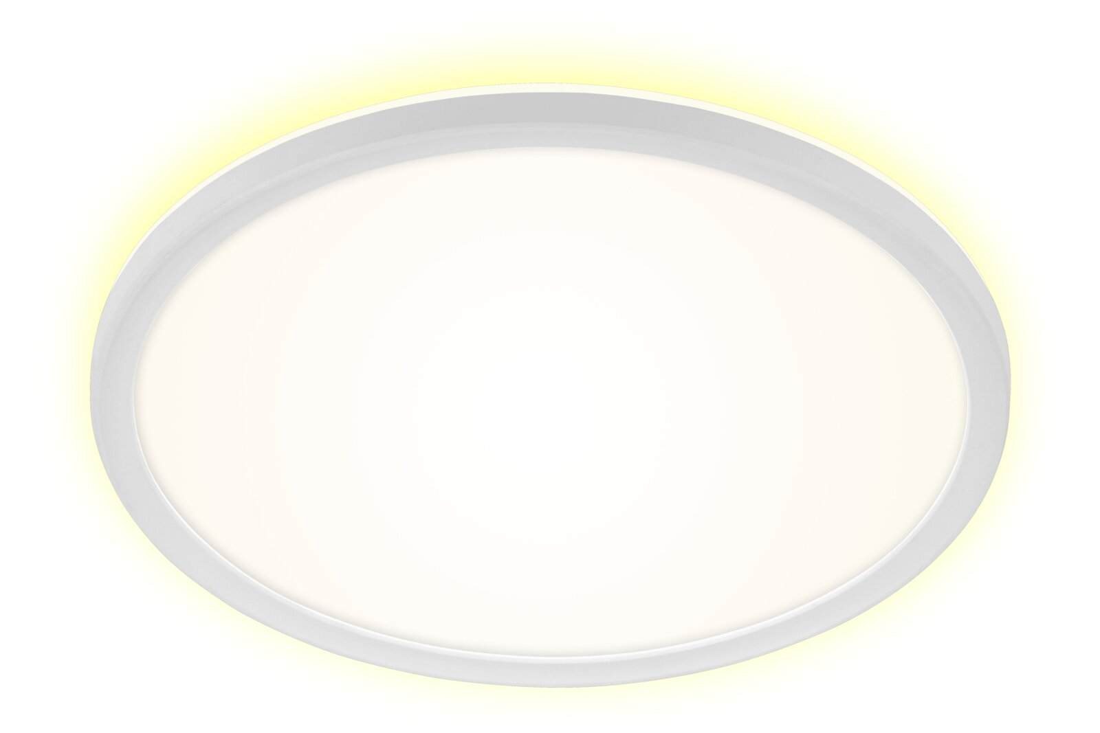 Ronde witte LED plafondlamp met vlak design, gezien van onderaf in lichte hoek, op witte achtergrond