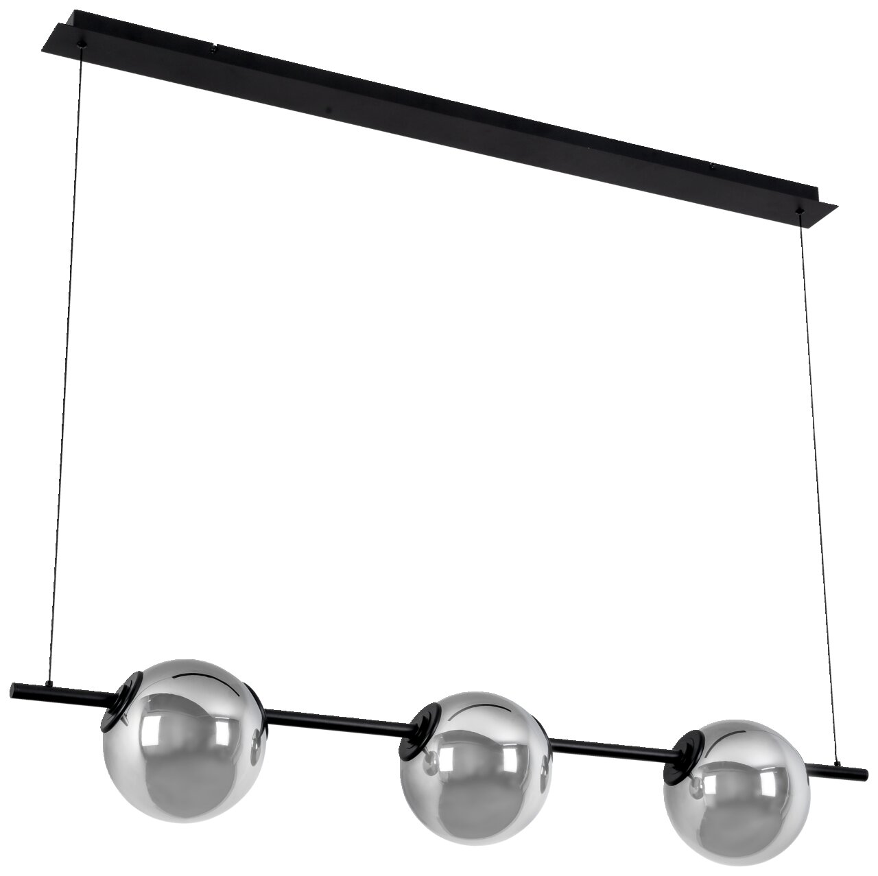 Moderne LED-Hängeleuchte SECCO mit drei kugelförmigen, silbernen Leuchten, seitliche Perspektive.