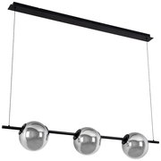 Moderne LED-Hängeleuchte SECCO mit drei kugelförmigen, silbernen Leuchten, seitliche Perspektive.