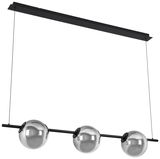 Moderne LED-Hängeleuchte SECCO mit drei kugelförmigen, silbernen Leuchten, seitliche Perspektive.