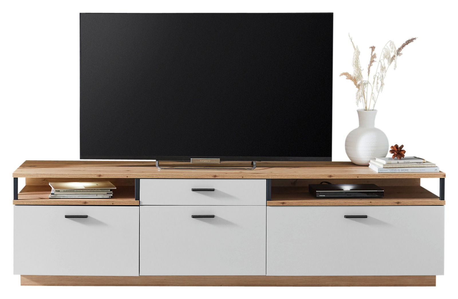 XORA TV-Lowboard BAMEOS Frontale Ansicht eines modernen TV-Lowboards mit Holz- und weißen Elementen, dekoriert mit einem Fernseher, Büchern und einer Vase.
