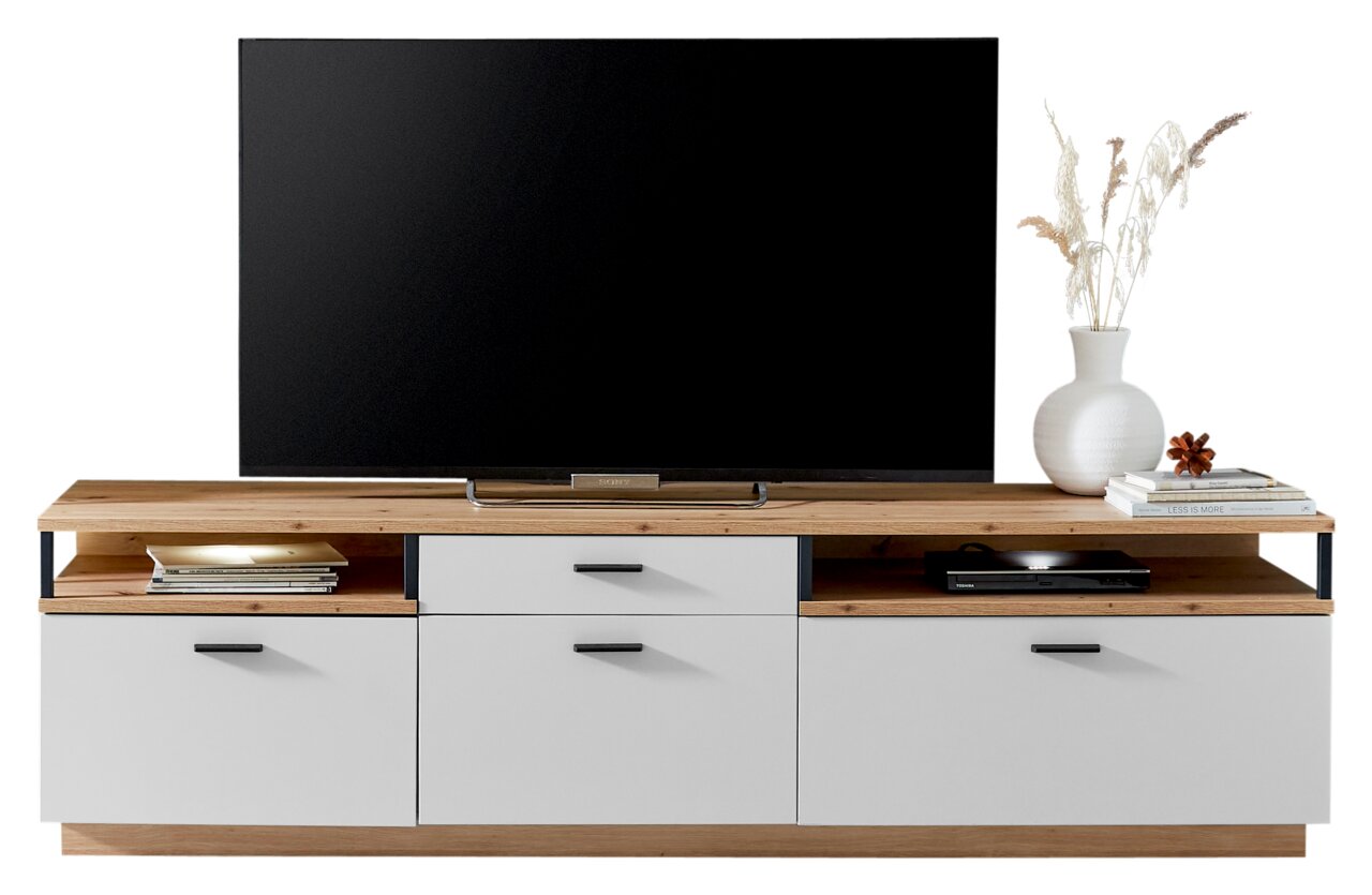 XORA Tv-kast BAMEOS Vooraanzicht van een modern tv-meubel met houten en witte elementen, versierd met een televisie, boeken en een vaas.