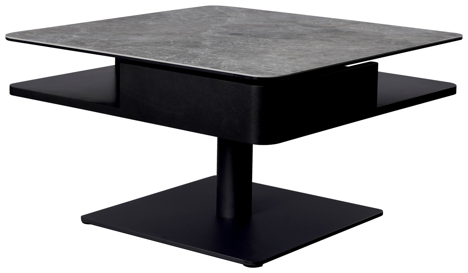 Moderner Couchtisch mit quadratischer, grauer Tischplatte und schwarzem Sockel, seitliche Perspektive