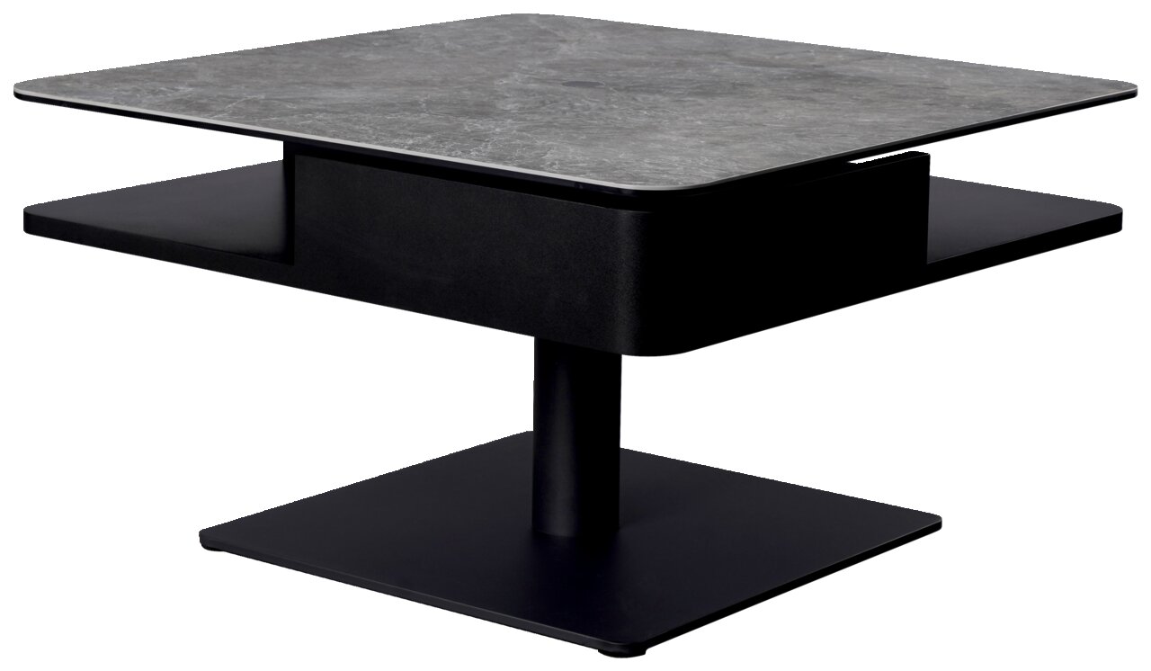 Moderner Couchtisch mit quadratischer, grauer Tischplatte und schwarzem Sockel, seitliche Perspektive