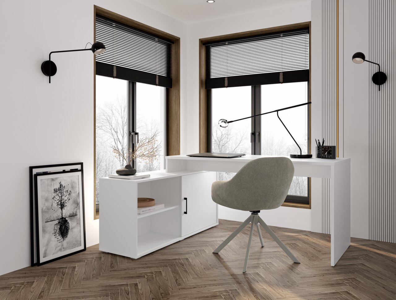 Moderne thuiskantoor met een wit bureau en een dressoir, een grijze draaistoel en zwarte jaloezieën voor twee grote ramen; perspectief: licht zijdelings vooraanzicht vanaf ooghoogte.