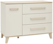 Moderne Kommode mit drei Schubladen und einer Tür, aus hellem Holz und weißem Finish, seitliche Perspektive
