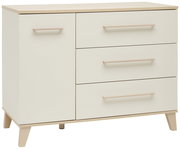 Moderne Kommode mit drei Schubladen und einer Tür, aus hellem Holz und weißem Finish, seitliche Perspektive