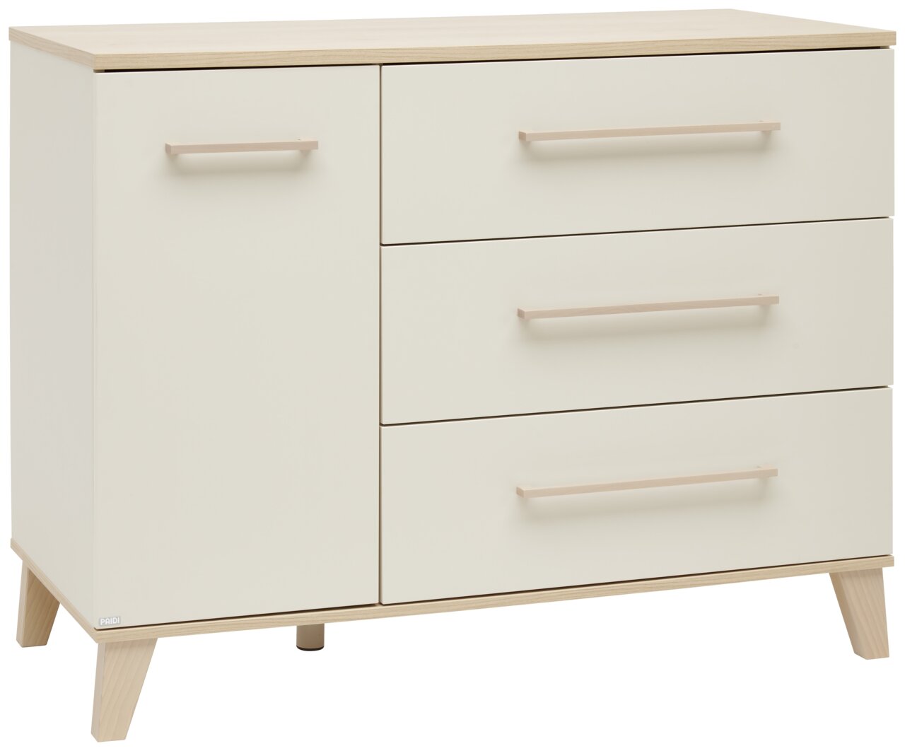 Moderne Kommode mit drei Schubladen und einer Tür, aus hellem Holz und weißem Finish, seitliche Perspektive