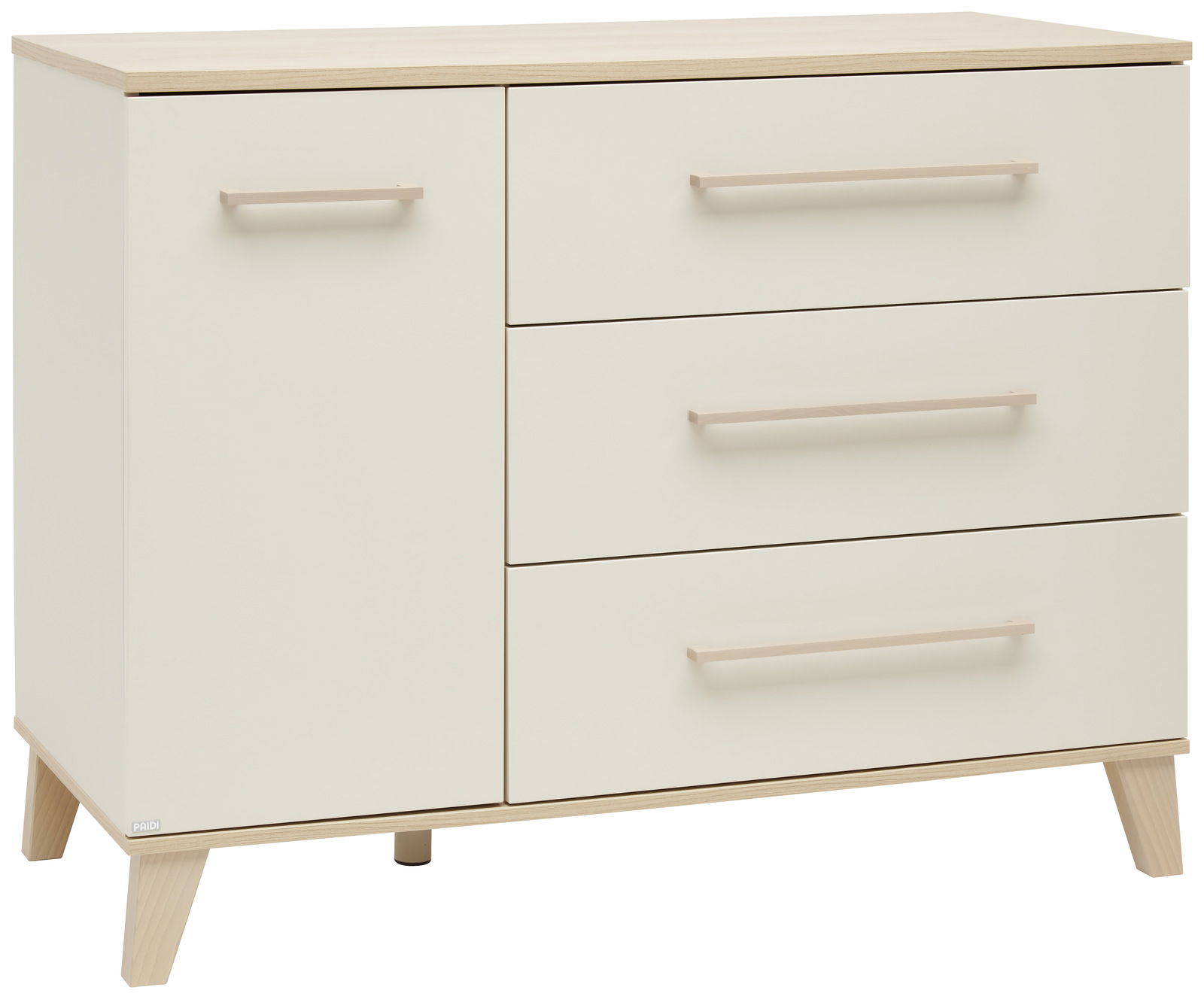 Moderne Kommode mit drei Schubladen und einer Tür, aus hellem Holz und weißem Finish, seitliche Perspektive