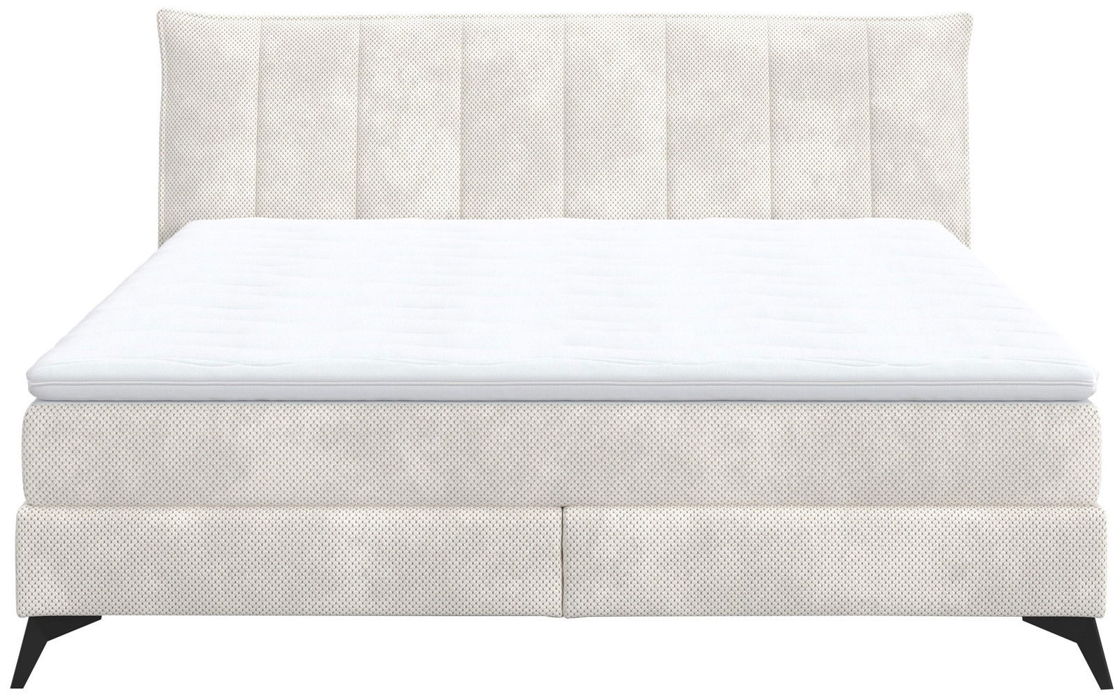 Boxspringbett in Frontalansicht mit gepolstertem Kopfteil und hellem Stoffbezug