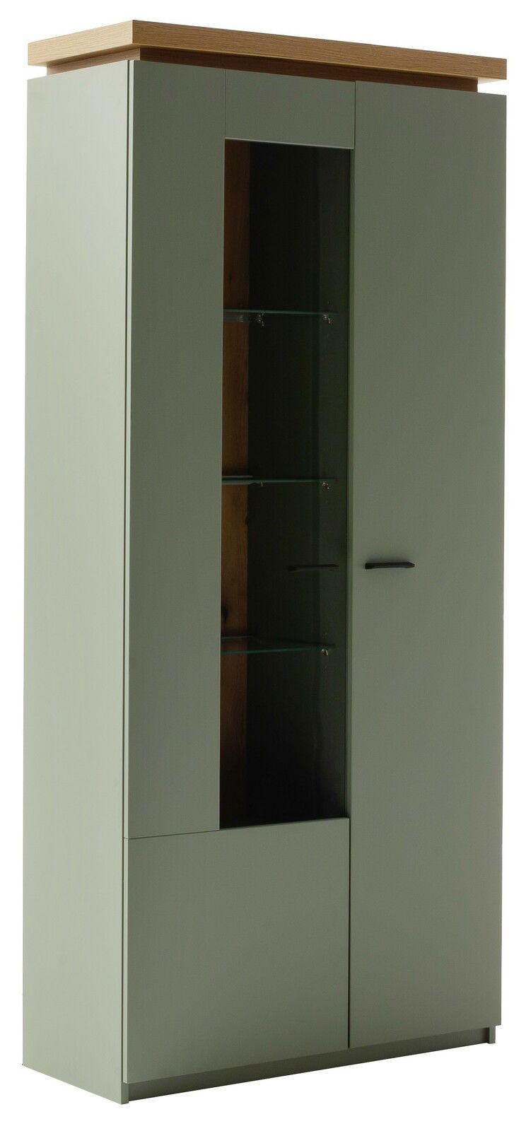 Z2 Vitrine MONIZ Vitrine mit Glasfront und Holzelementen, seitliche Perspektive