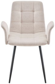 Beiger Armlehnstuhl mit gepolsterter Sitzfläche und Rückenlehne, schwarze Metallbeine, Frontalansicht