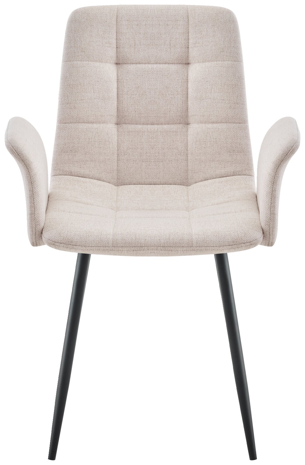 Beiger Armlehnstuhl mit gepolsterter Sitzfläche und Rückenlehne, schwarze Metallbeine, Frontalansicht